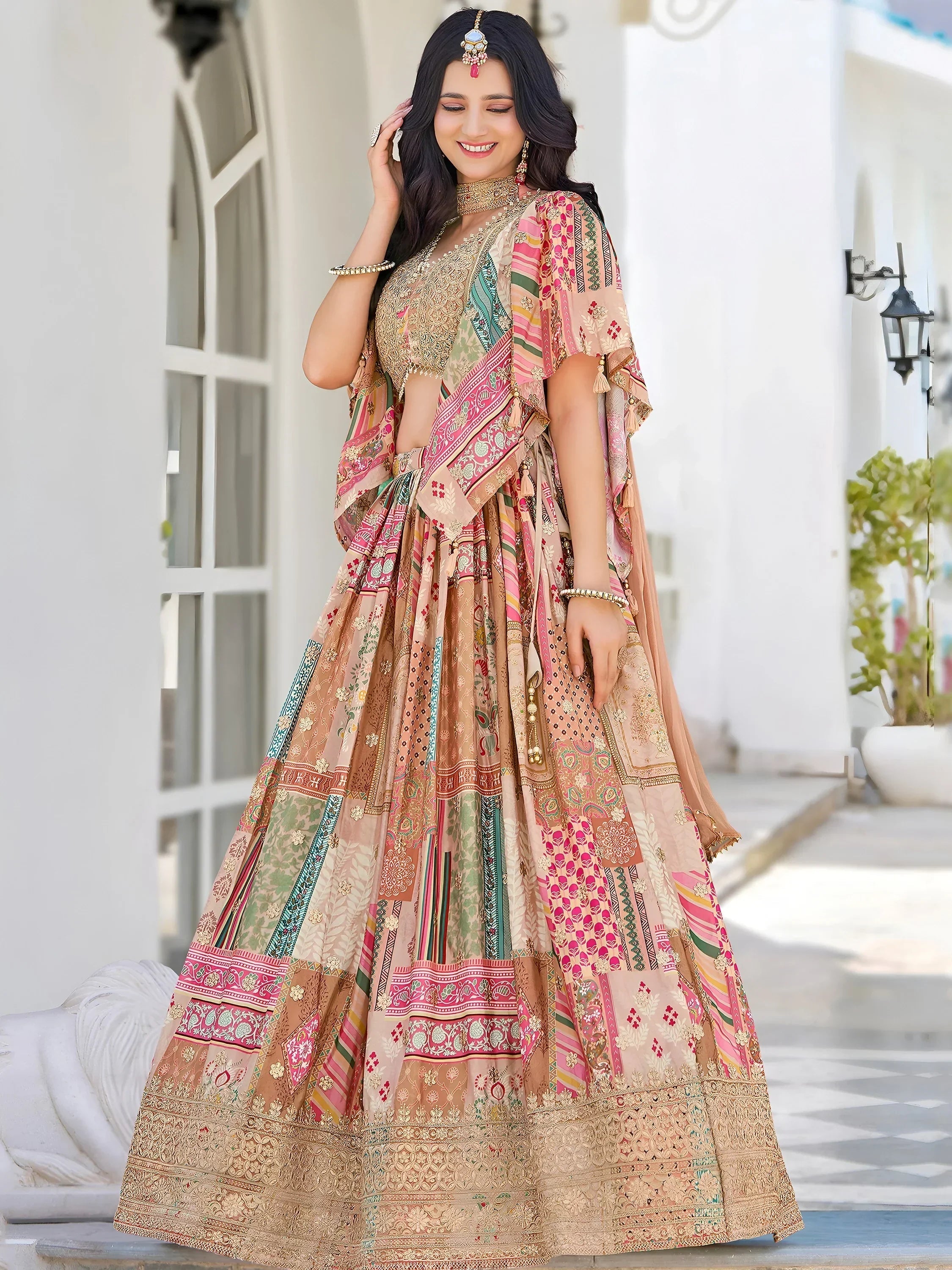Lavishing Beige Chinon Embroidered Lehenga Choli chiffon dupatta