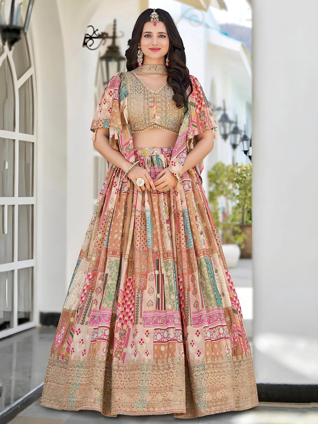 Lavishing Beige Chinon Embroidered Lehenga Choli chiffon dupatta
