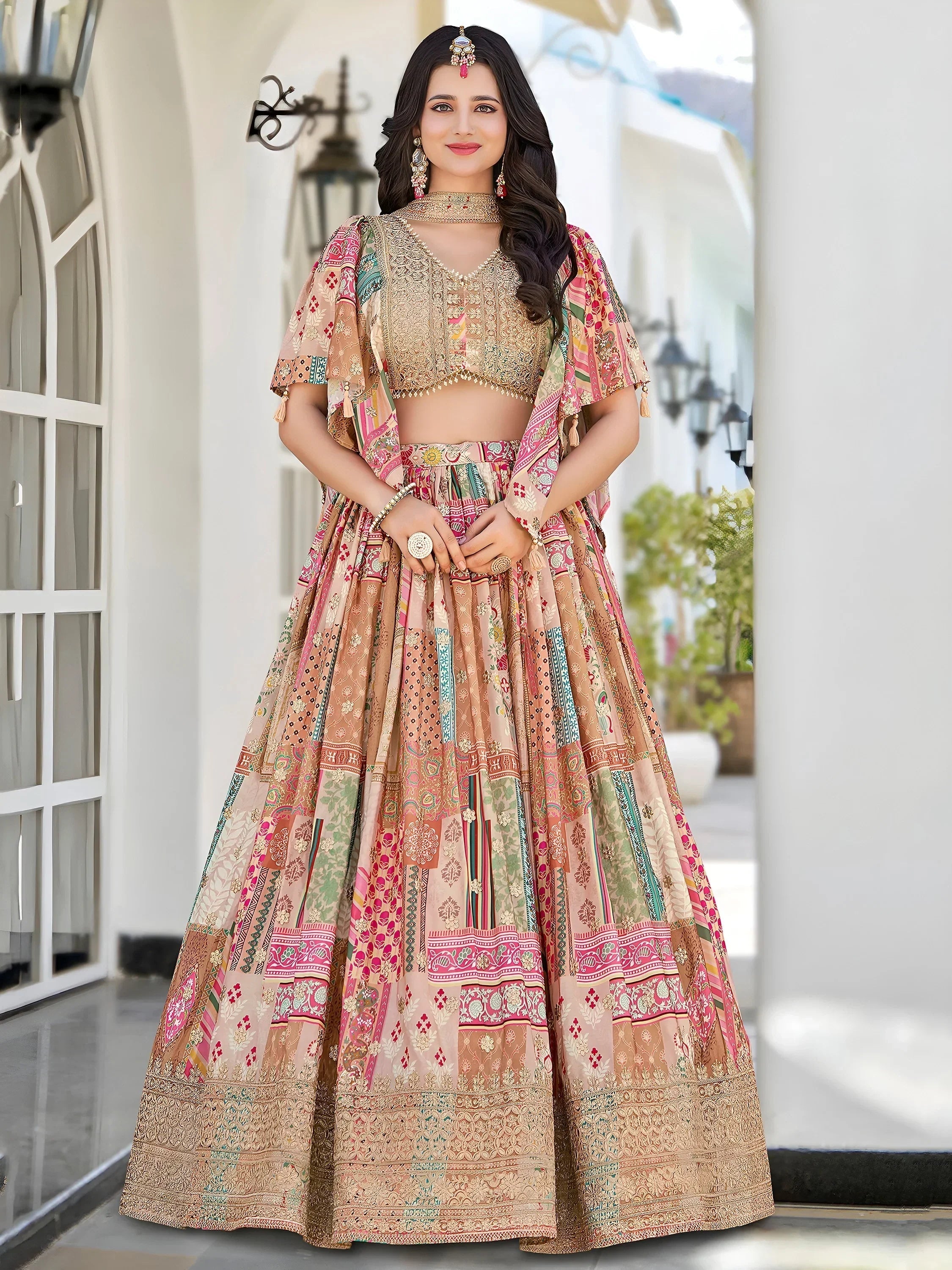 Lavishing Beige Chinon Embroidered Lehenga Choli chiffon dupatta