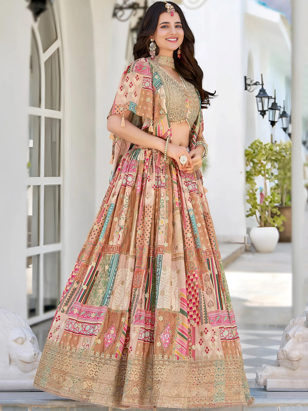 Lavishing Beige Chinon Embroidered Lehenga Choli chiffon dupatta