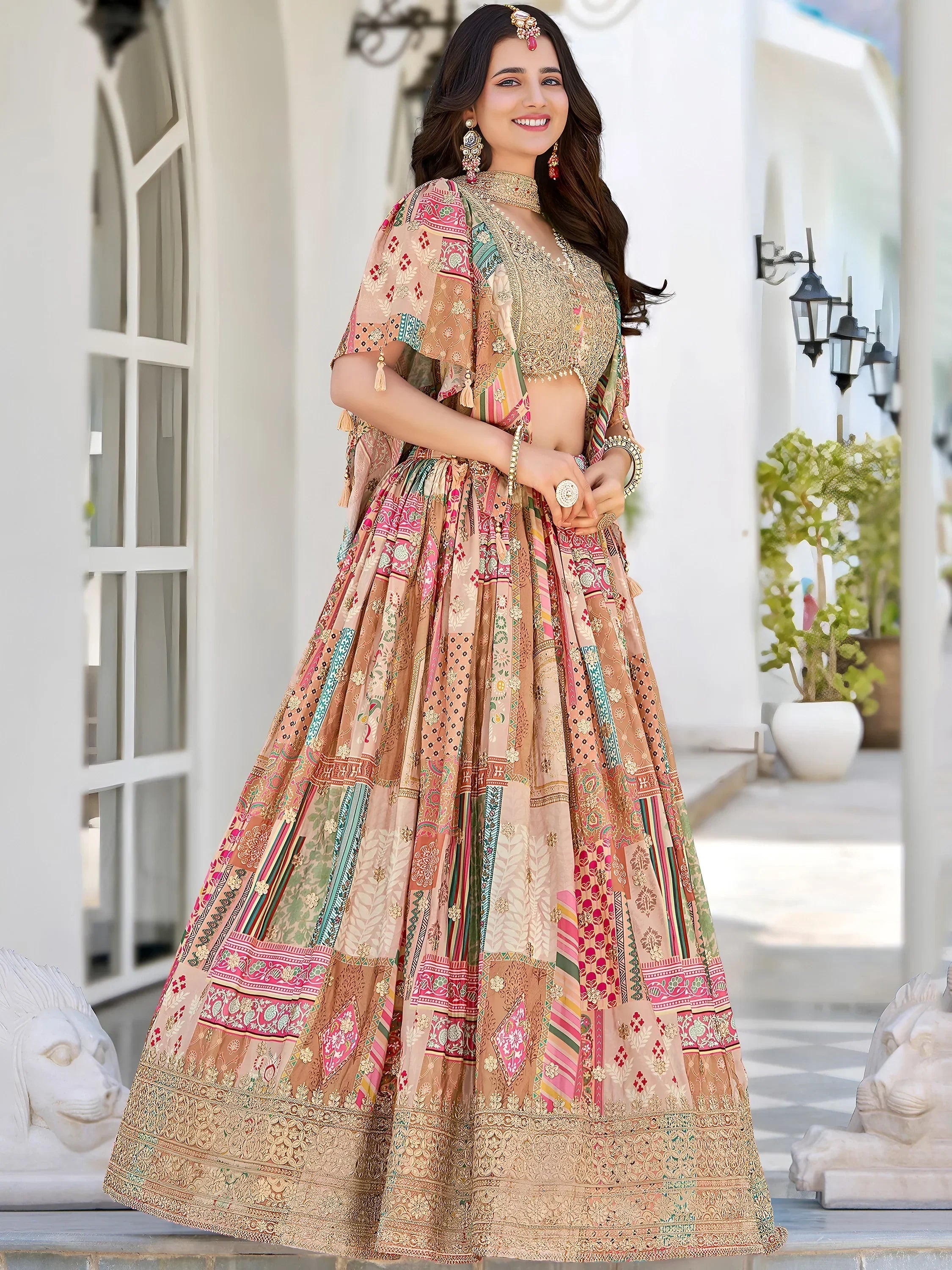 Lavishing Beige Chinon Embroidered Lehenga Choli chiffon dupatta