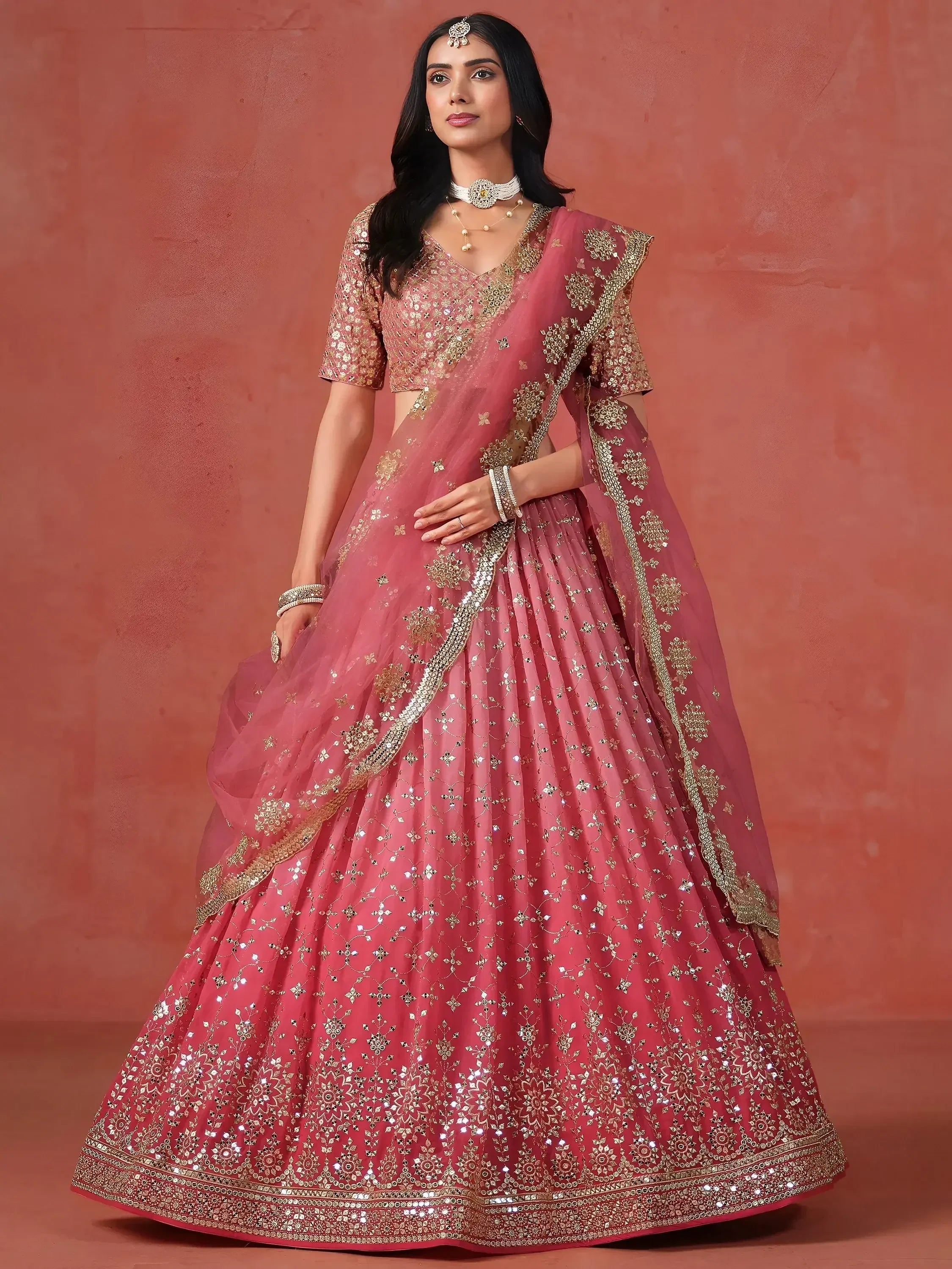 Stunning Peach Georgette Sequins Lehenga Choli with dupatta