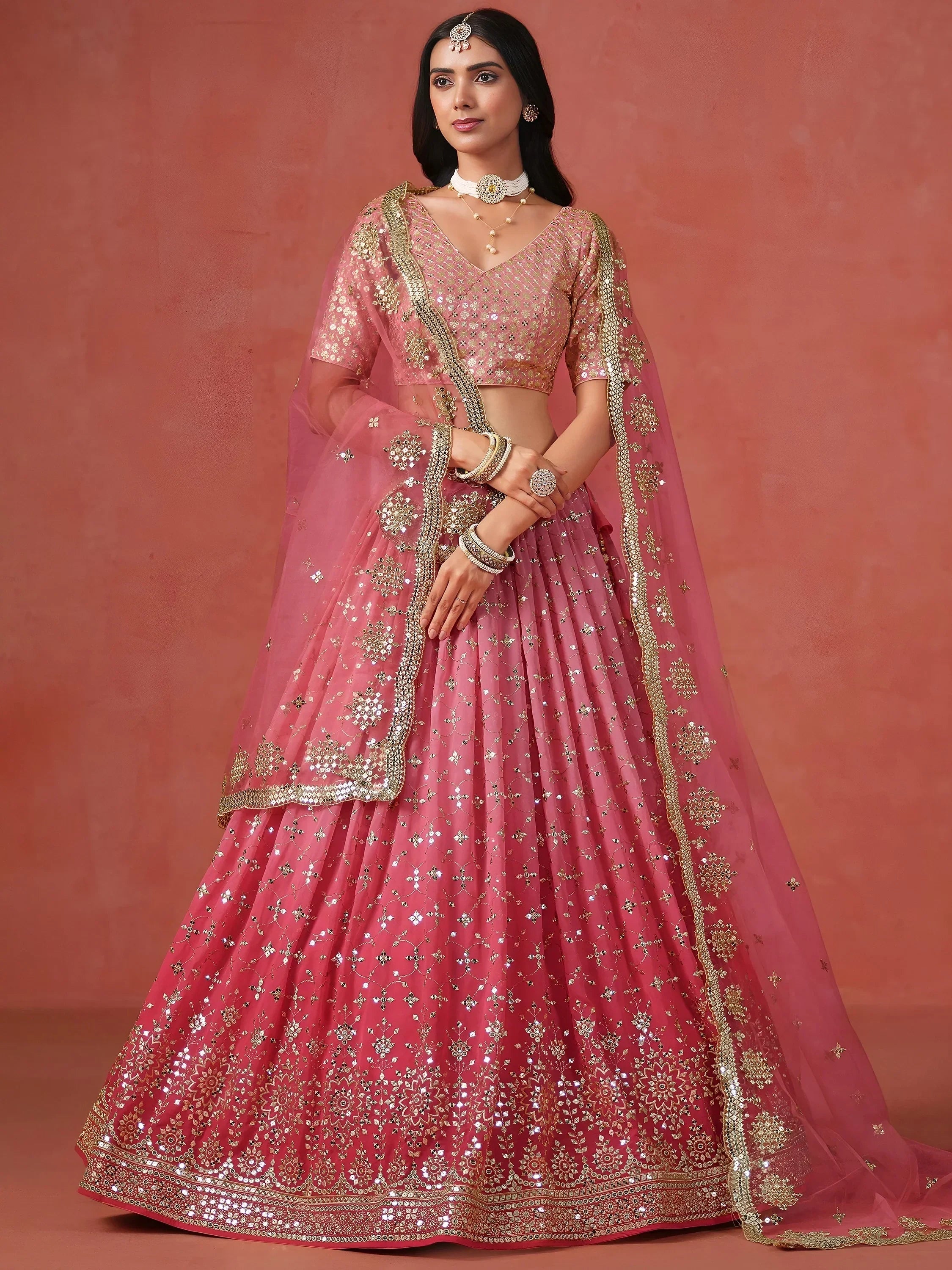 Stunning Peach Georgette Sequins Lehenga Choli with dupatta