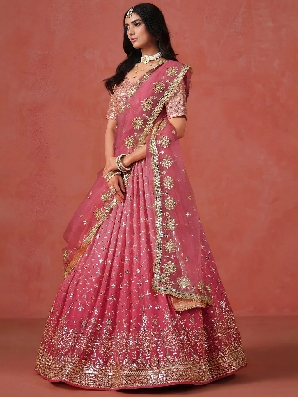 Stunning Peach Georgette Sequins Lehenga Choli with dupatta