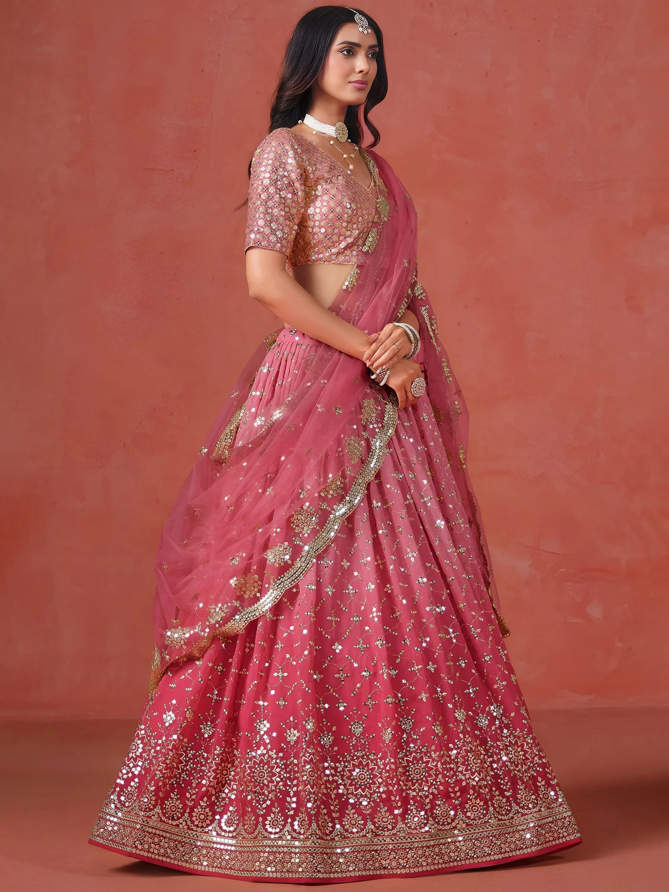 Stunning Peach Georgette Sequins Lehenga Choli with dupatta