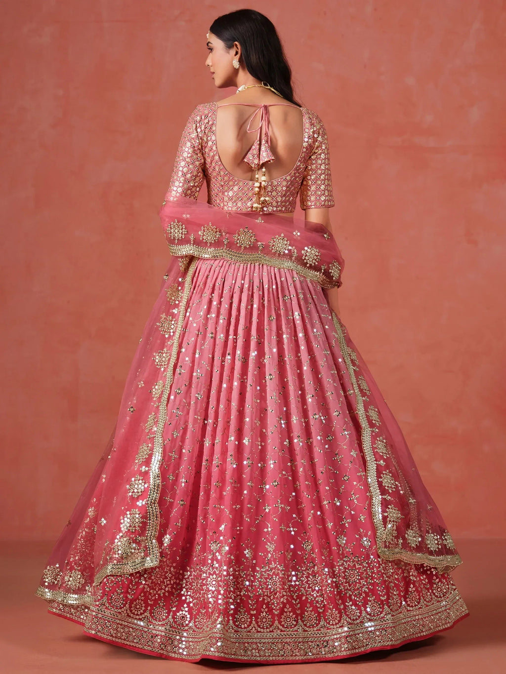 Stunning Peach Georgette Sequins Lehenga Choli with dupatta