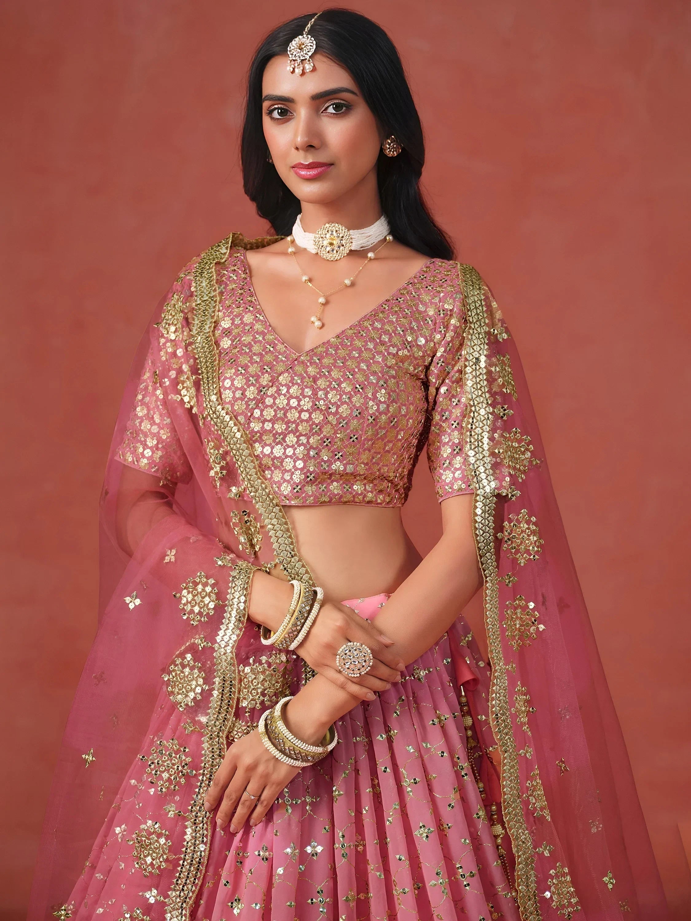 Stunning Peach Georgette Sequins Lehenga Choli with dupatta