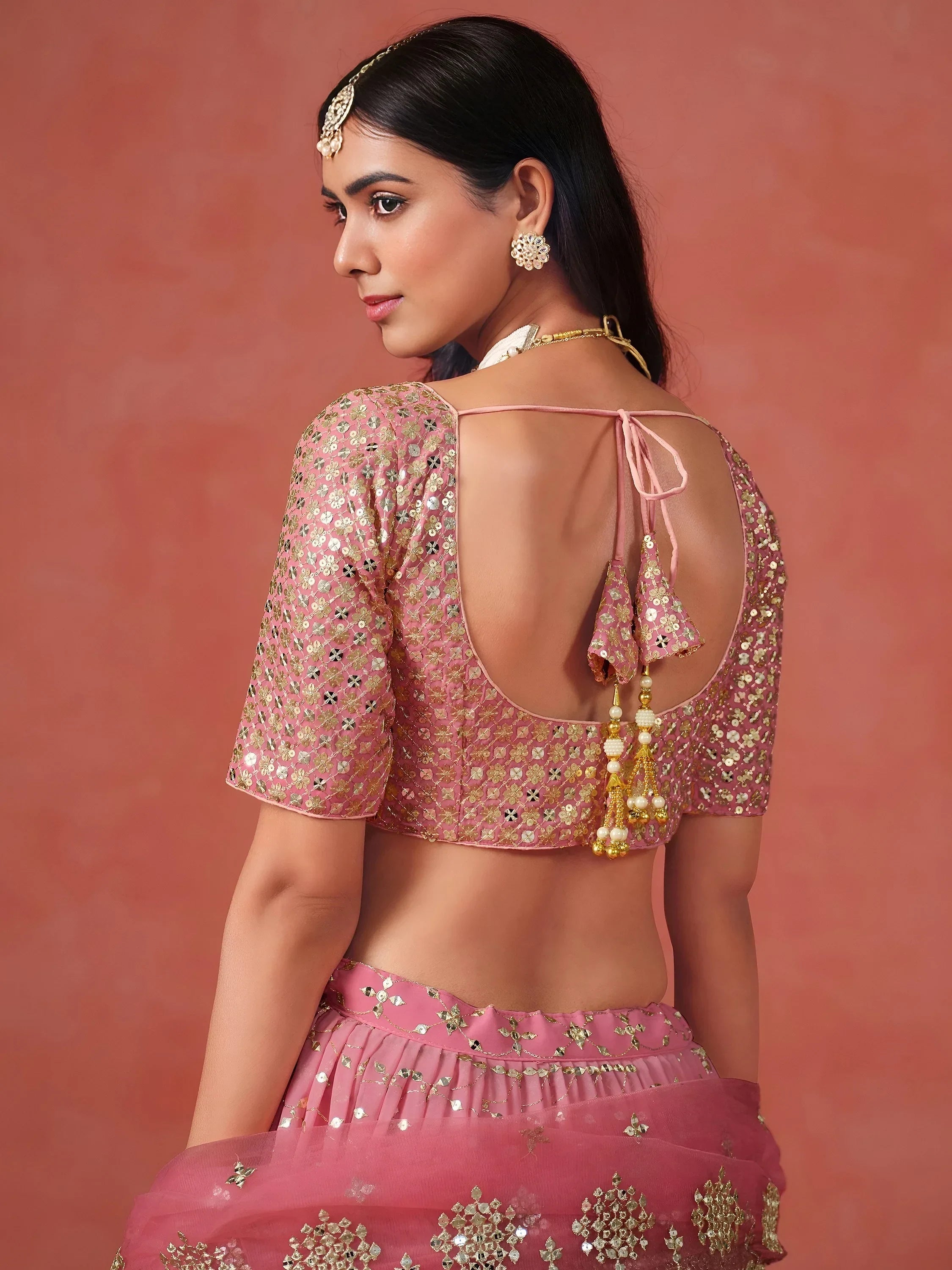 Stunning Peach Georgette Sequins Lehenga Choli with dupatta
