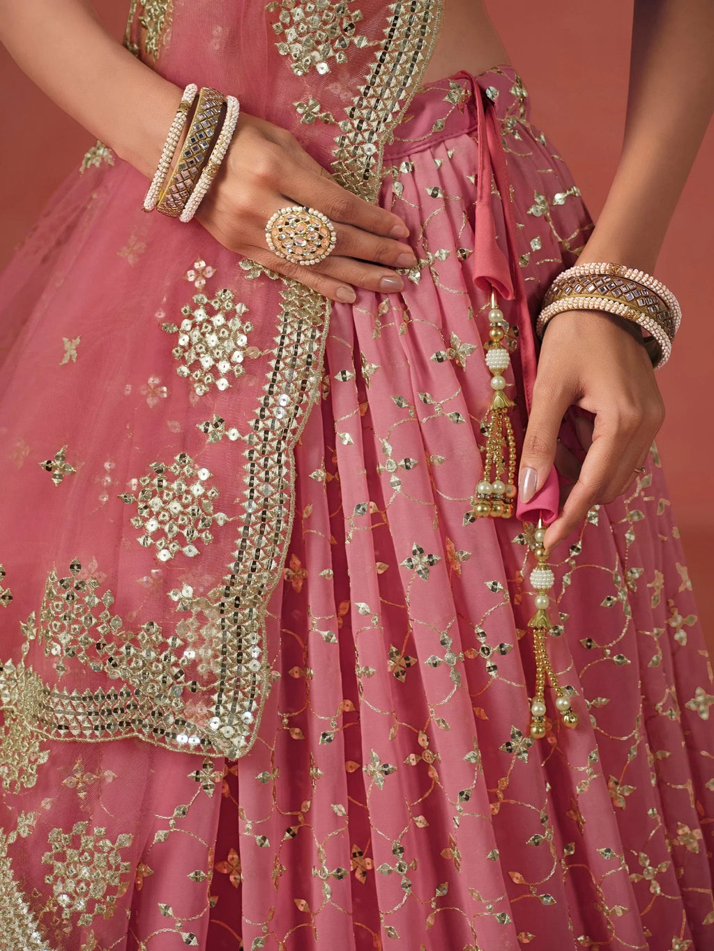 Stunning Peach Georgette Sequins Lehenga Choli with dupatta