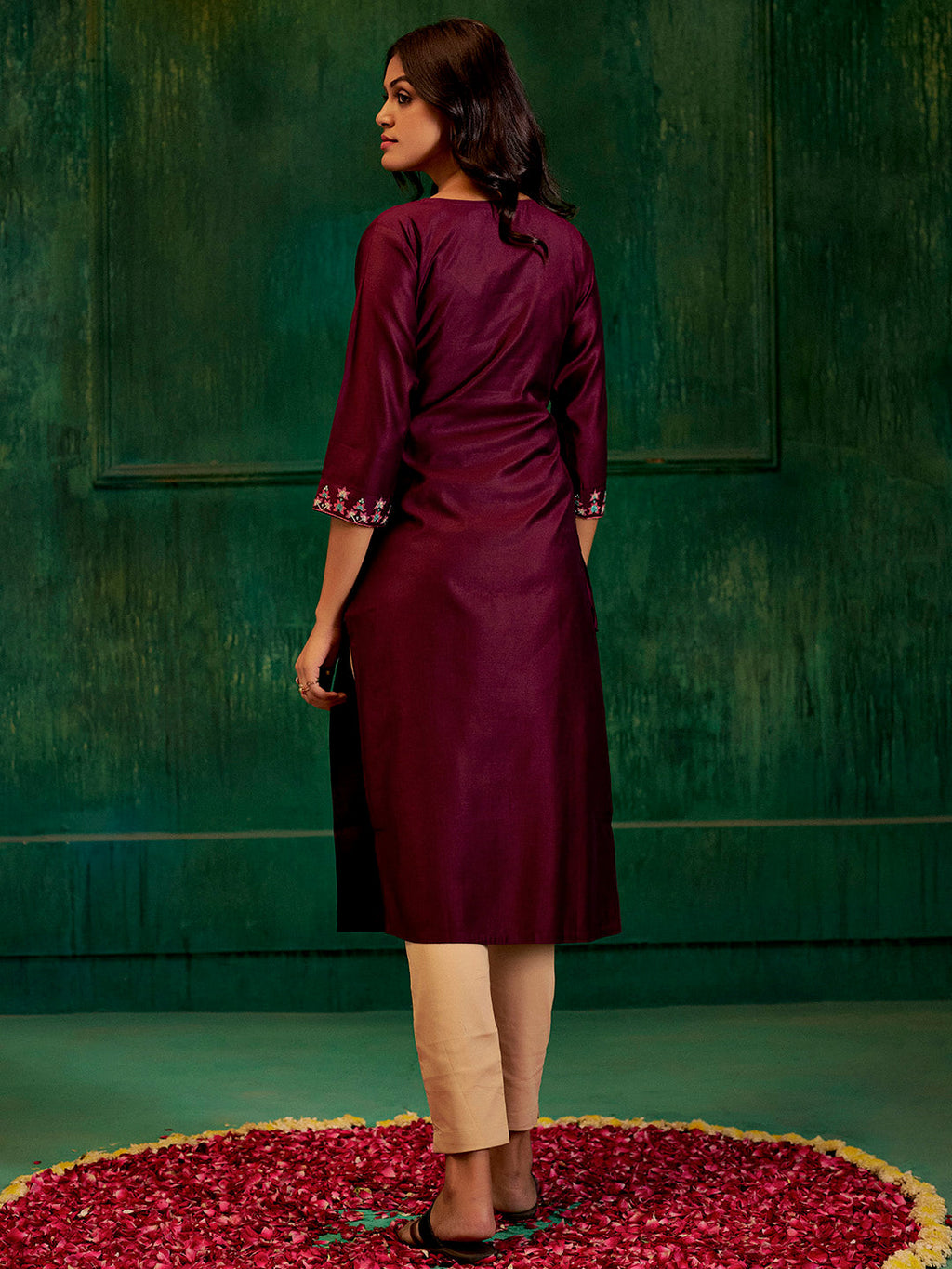 Burgundy Self Woven Straight Kurta