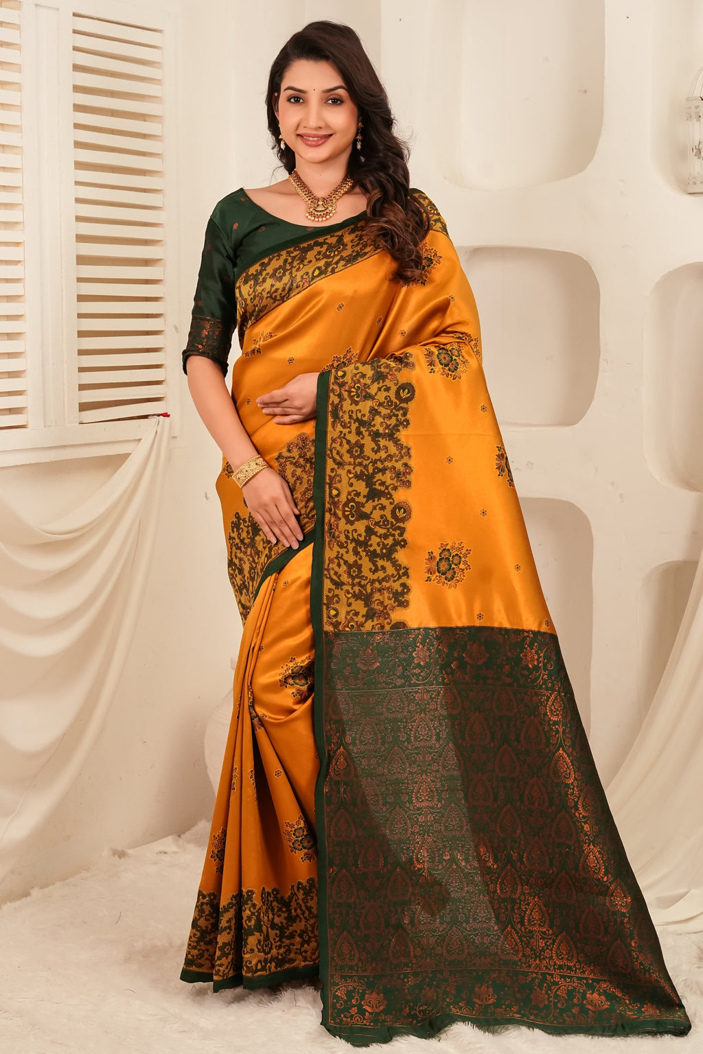 Mustard Yellow Silk Blend Saree with Emerald Green Jacquard Border & Rich Pallu