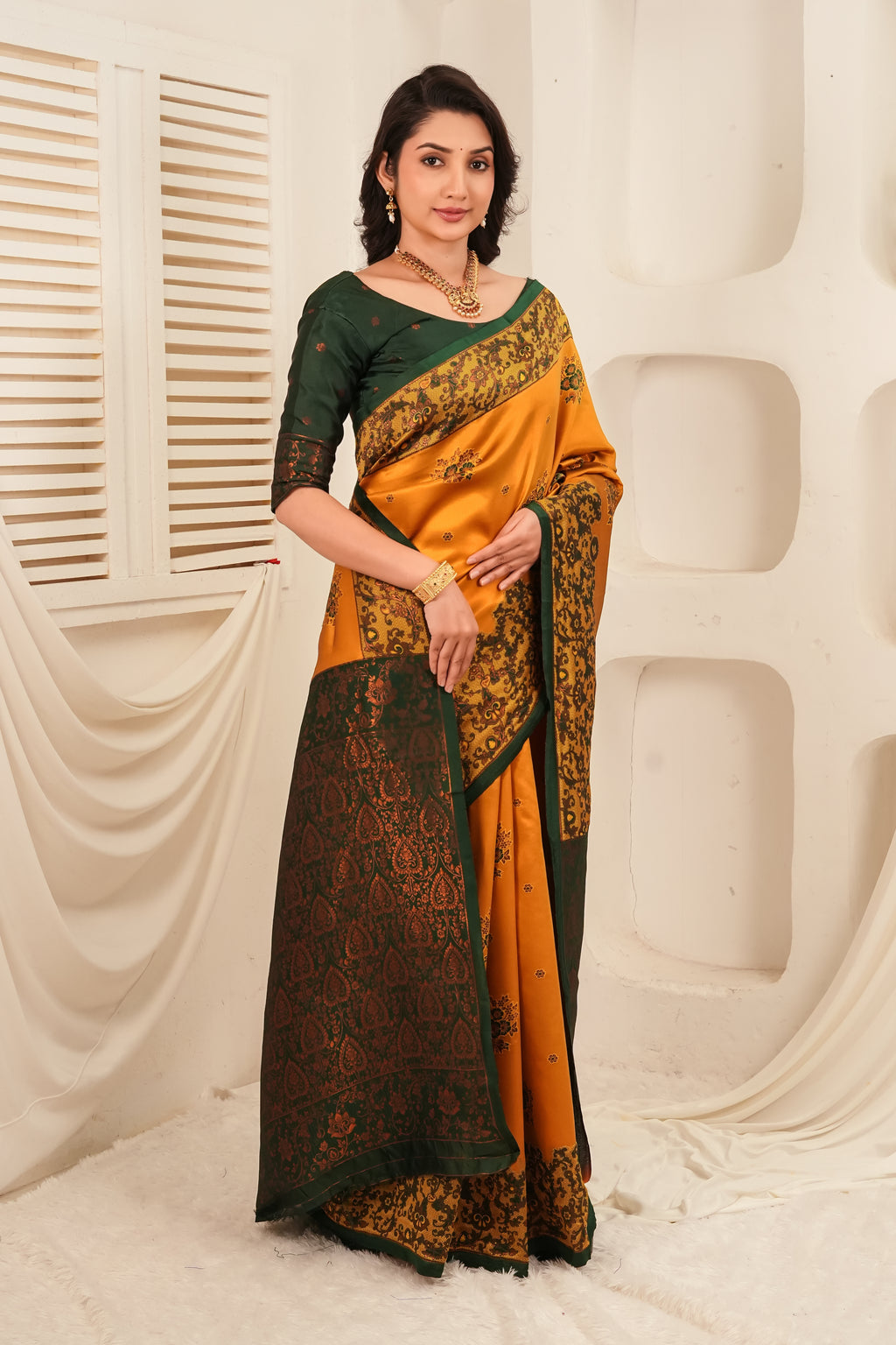 Mustard Yellow Silk Blend Saree with Emerald Green Jacquard Border & Rich Pallu