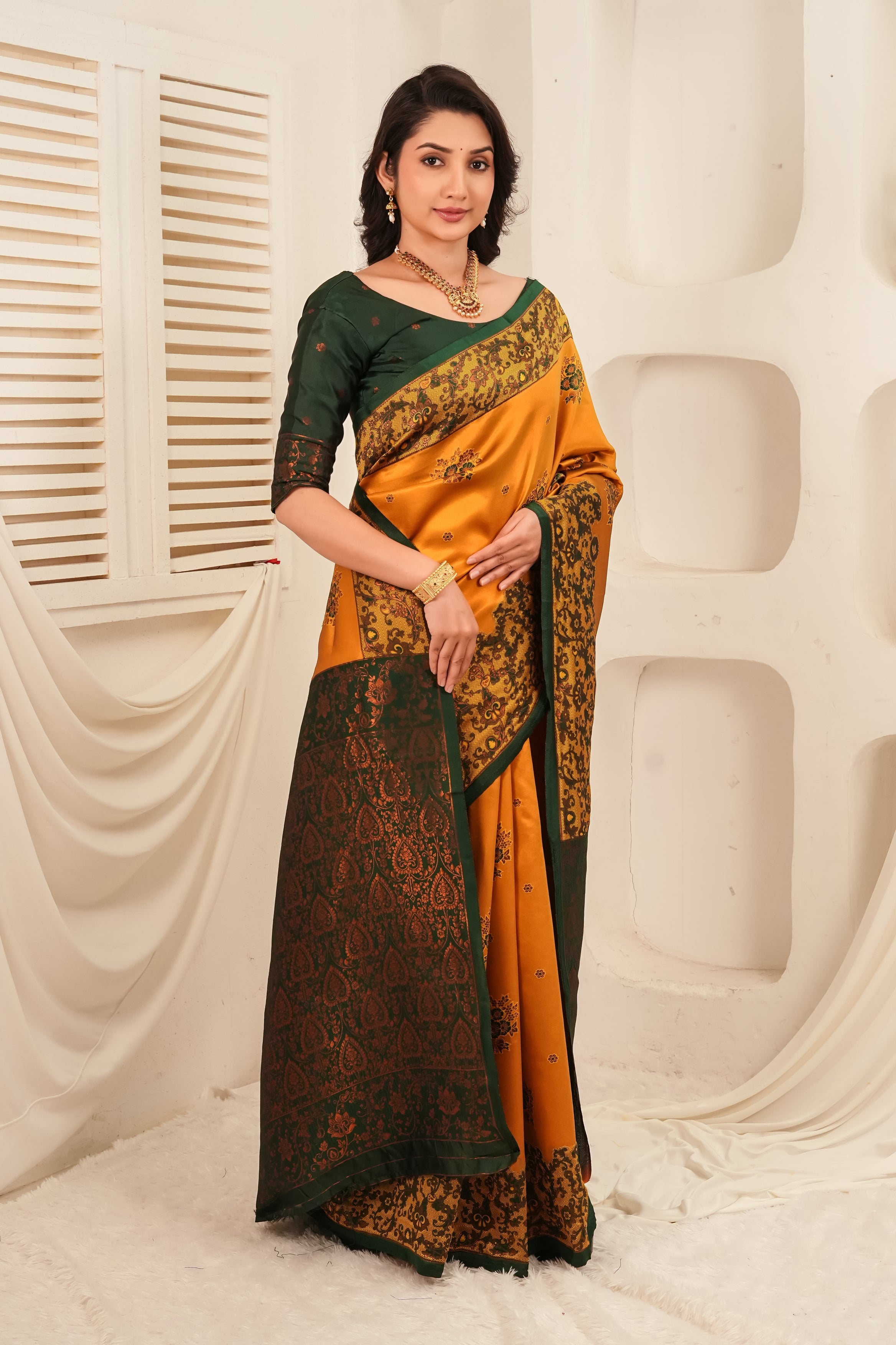 Mustard Yellow Silk Blend Saree with Emerald Green Jacquard Border & Rich Pallu