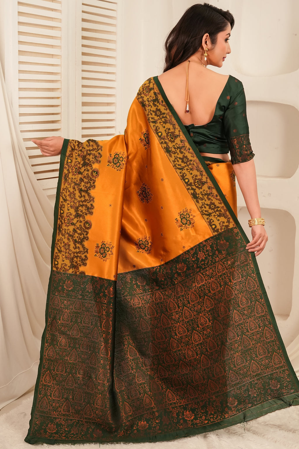 Mustard Yellow Silk Blend Saree with Emerald Green Jacquard Border & Rich Pallu