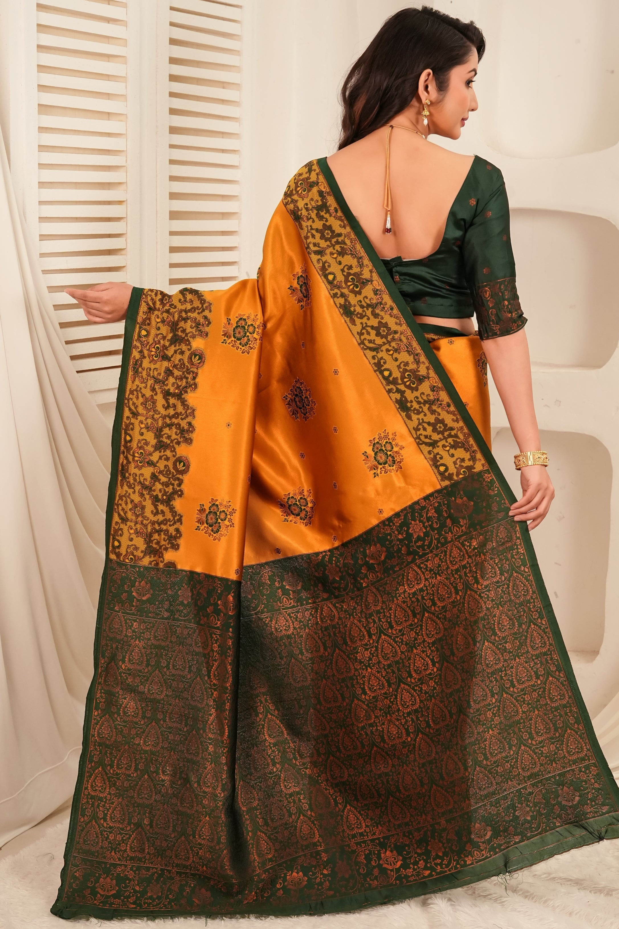 Mustard Yellow Silk Blend Saree with Emerald Green Jacquard Border & Rich Pallu