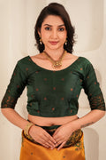 Mustard Yellow Silk Blend Saree with Emerald Green Jacquard Border & Rich Pallu