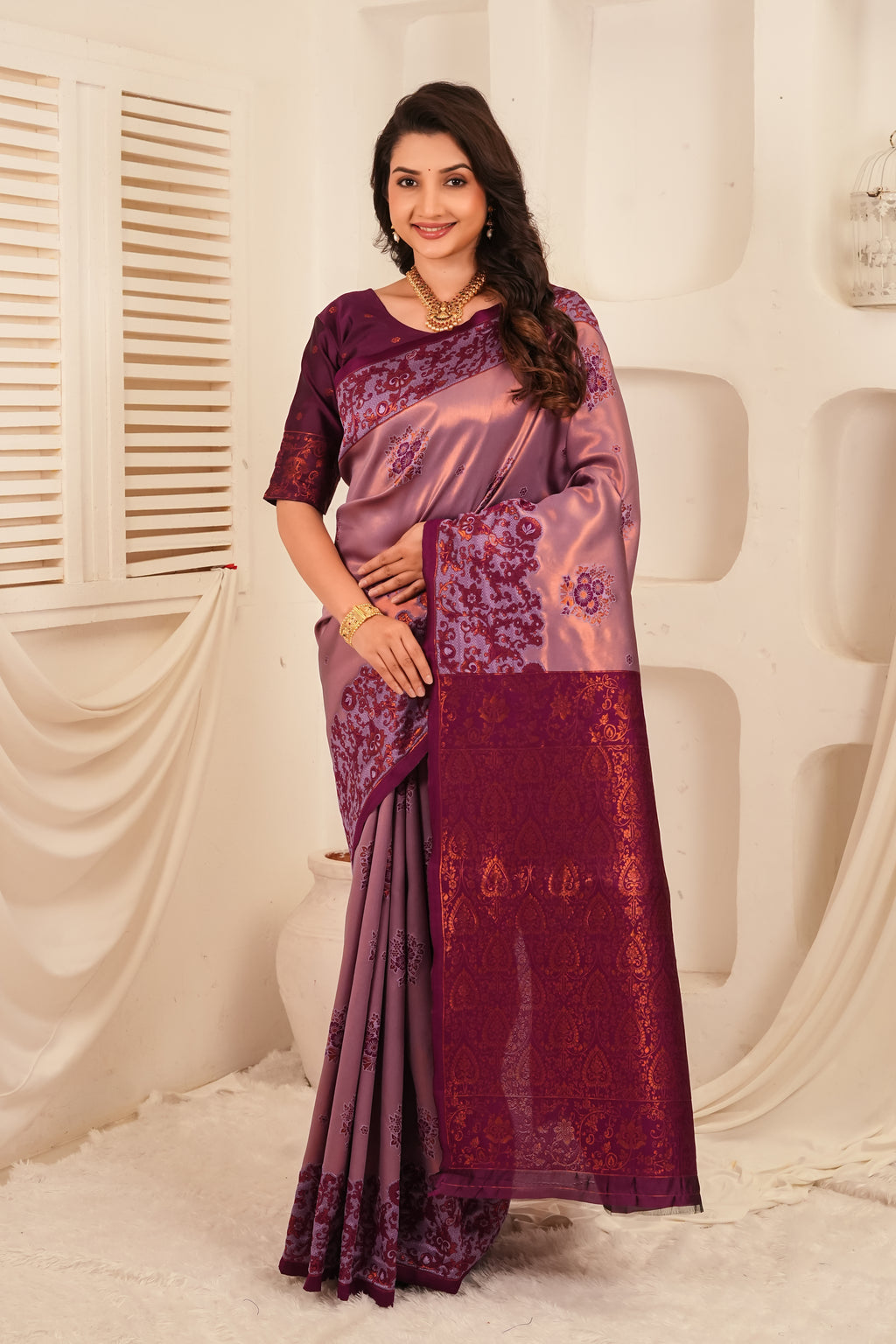 Dual Tone Lavender Banarasi Silk Saree with Rich Wine Zari Pallu