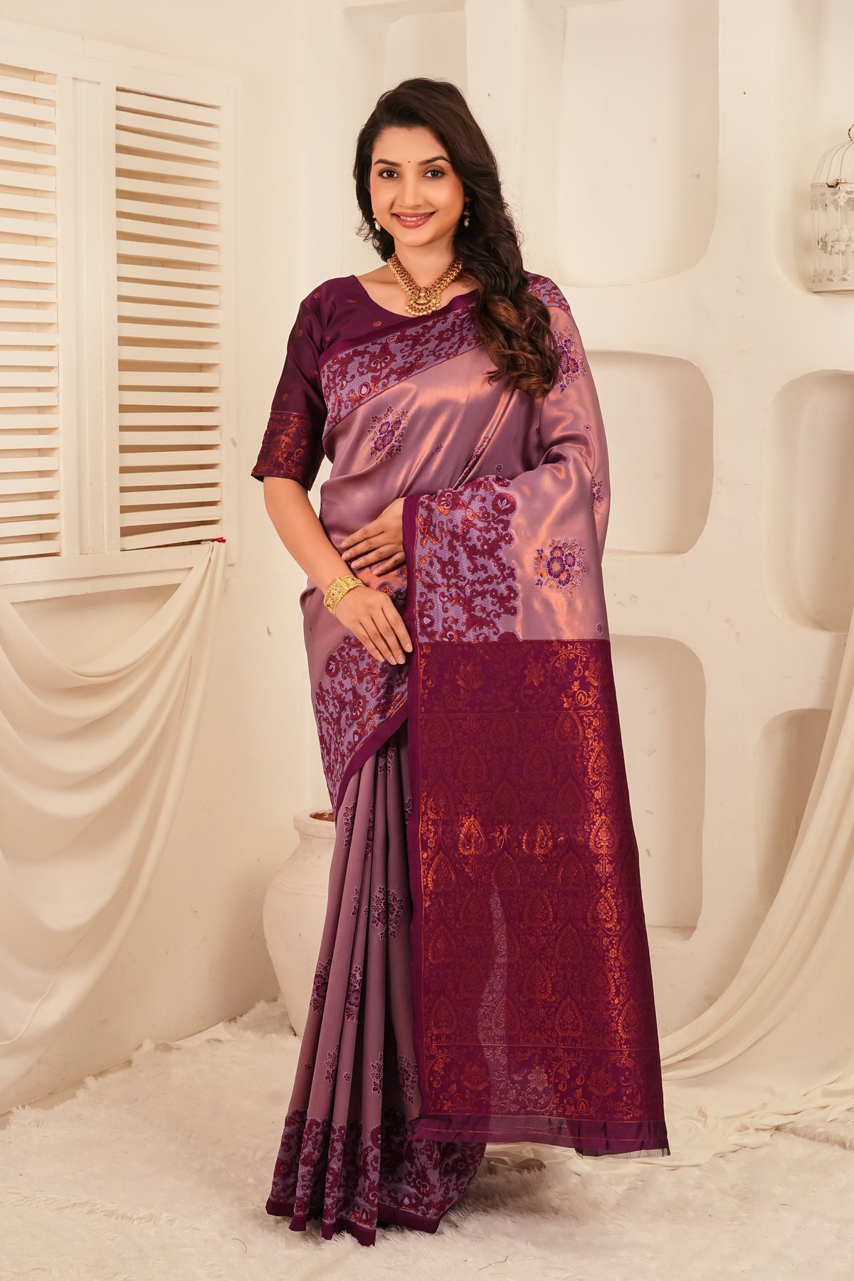 Dual Tone Lavender Banarasi Silk Saree with Rich Wine Zari Pallu