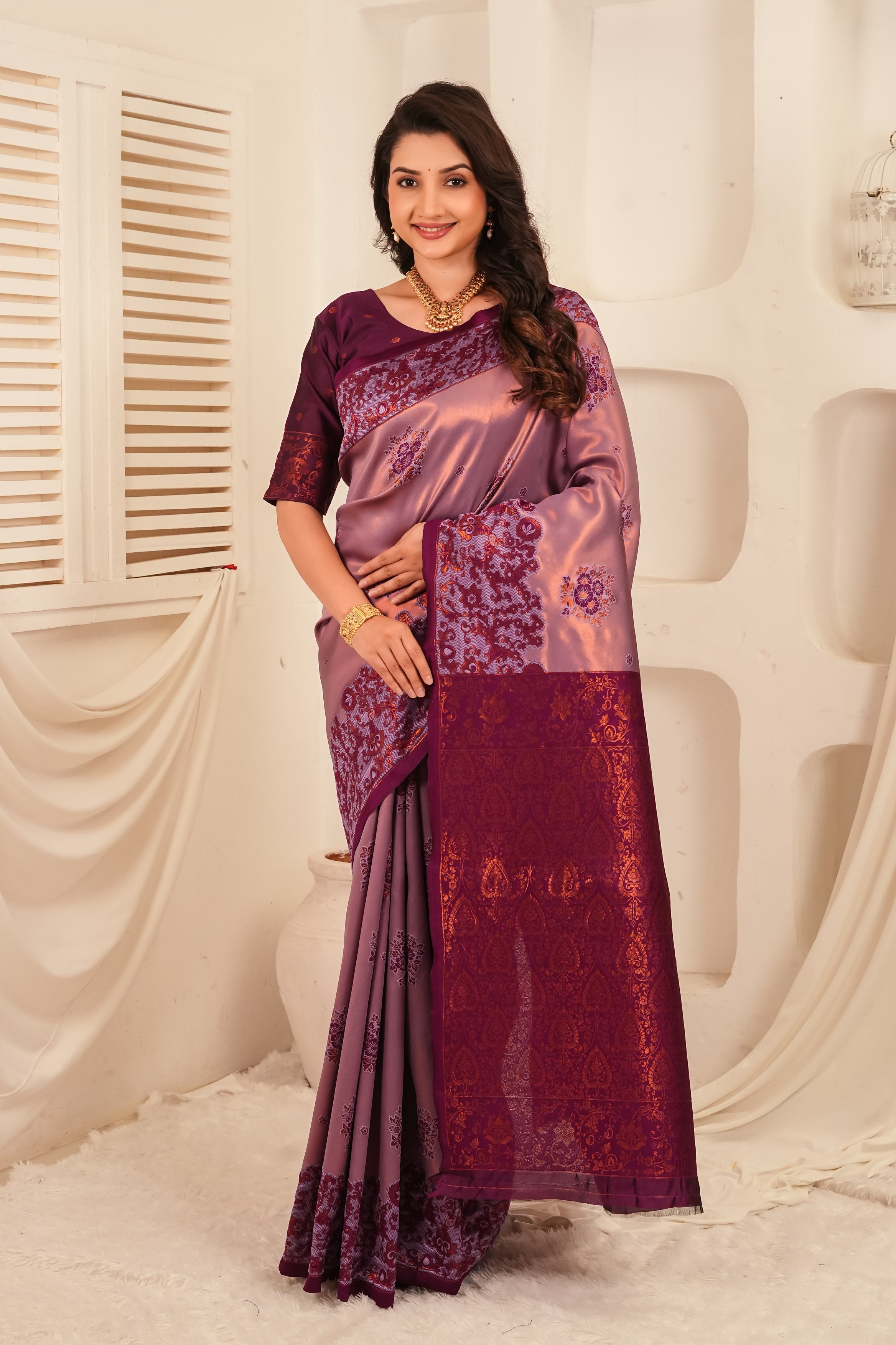 Dual Tone Lavender Banarasi Silk Saree with Rich Wine Zari Pallu