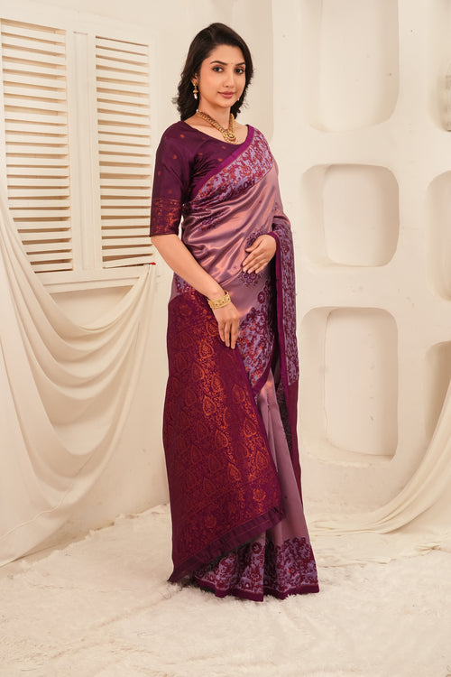 Dual Tone Lavender Banarasi Silk Saree with Rich Wine Zari Pallu