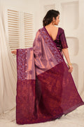 Dual Tone Lavender Banarasi Silk Saree with Rich Wine Zari Pallu