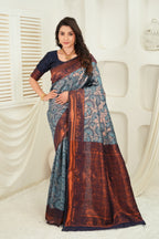 Luxury Steel Grey Jacquard Silk Saree with Copper Zari Border & Leaf Woven Pallu