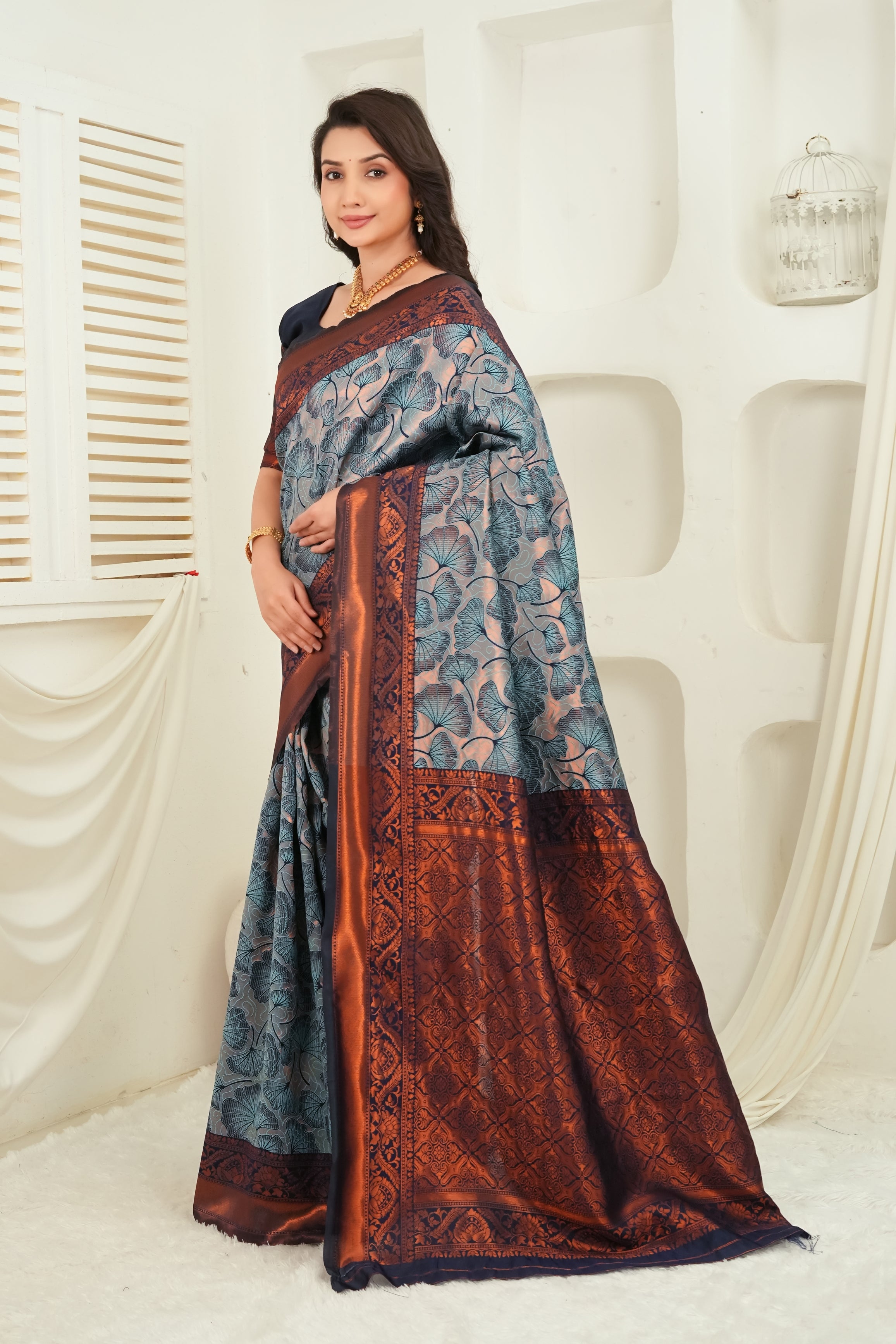 Luxury Steel Grey Jacquard Silk Saree with Copper Zari Border & Leaf Woven Pallu