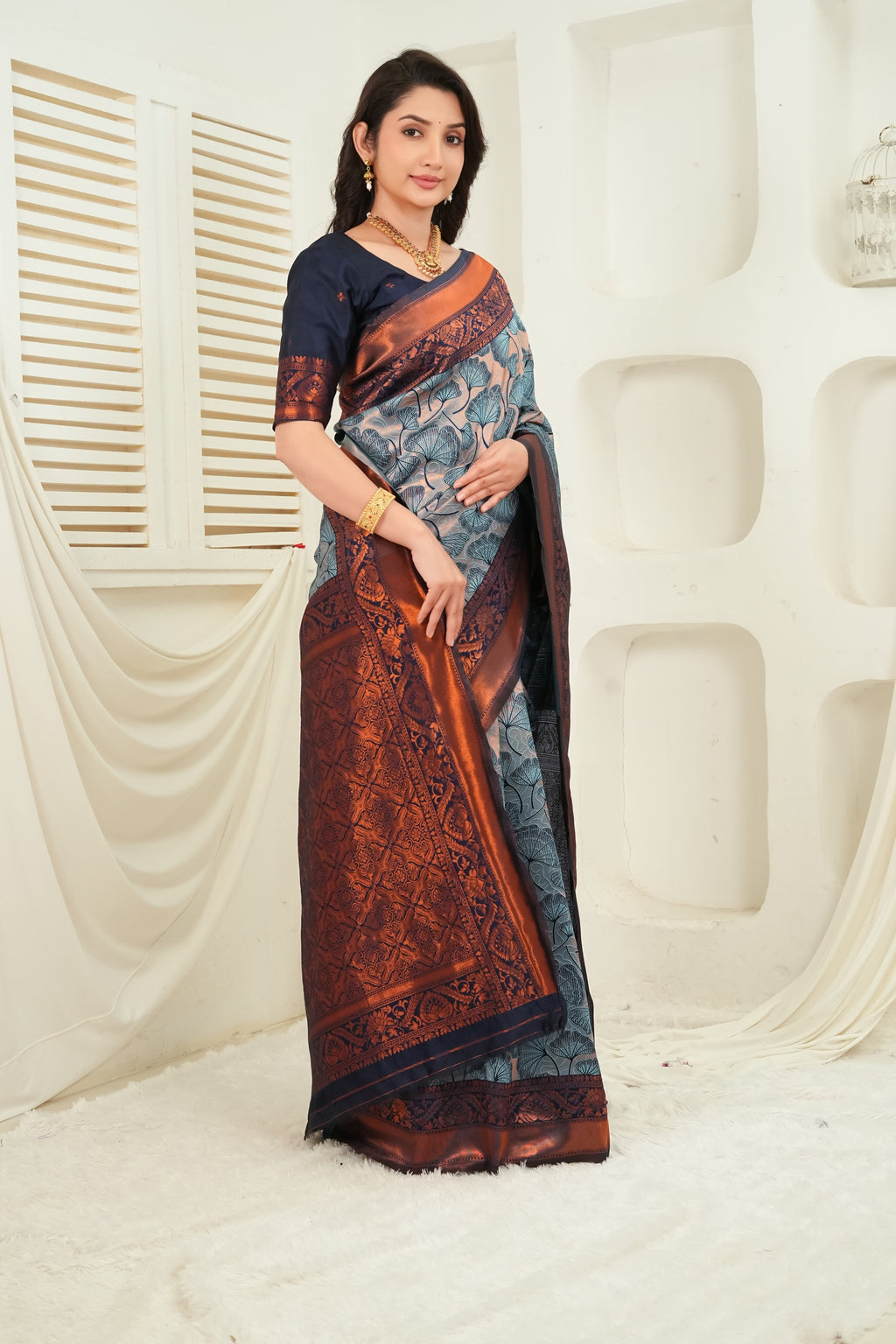 Luxury Steel Grey Jacquard Silk Saree with Copper Zari Border & Leaf Woven Pallu