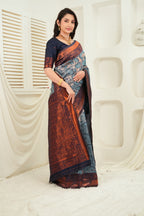 Luxury Steel Grey Jacquard Silk Saree with Copper Zari Border & Leaf Woven Pallu