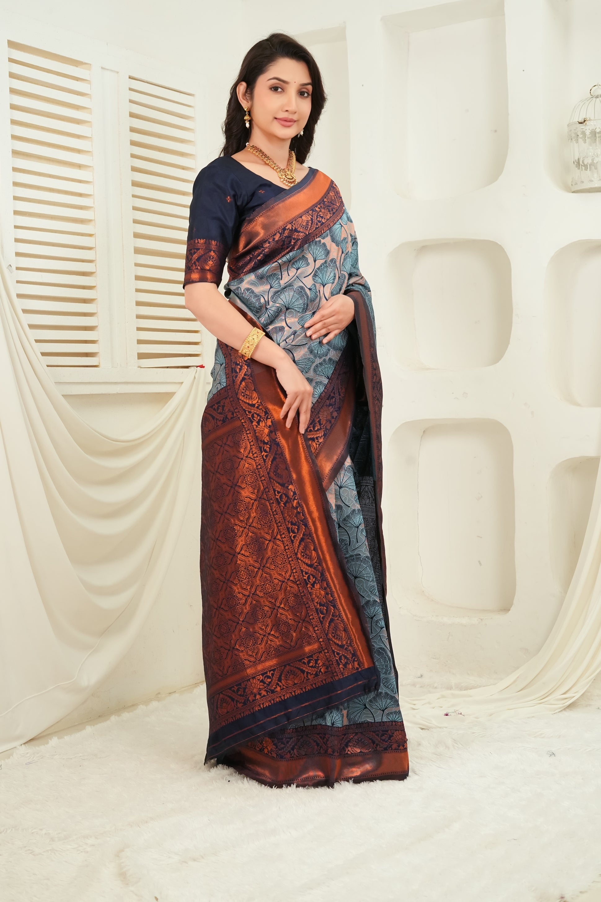 Luxury Steel Grey Jacquard Silk Saree with Copper Zari Border & Leaf Woven Pallu