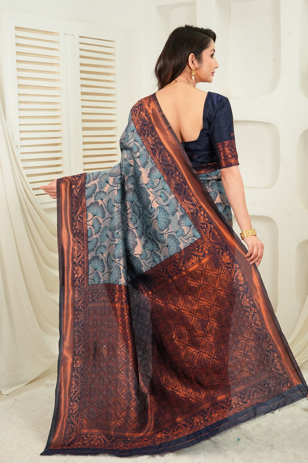 Luxury Steel Grey Jacquard Silk Saree with Copper Zari Border & Leaf Woven Pallu