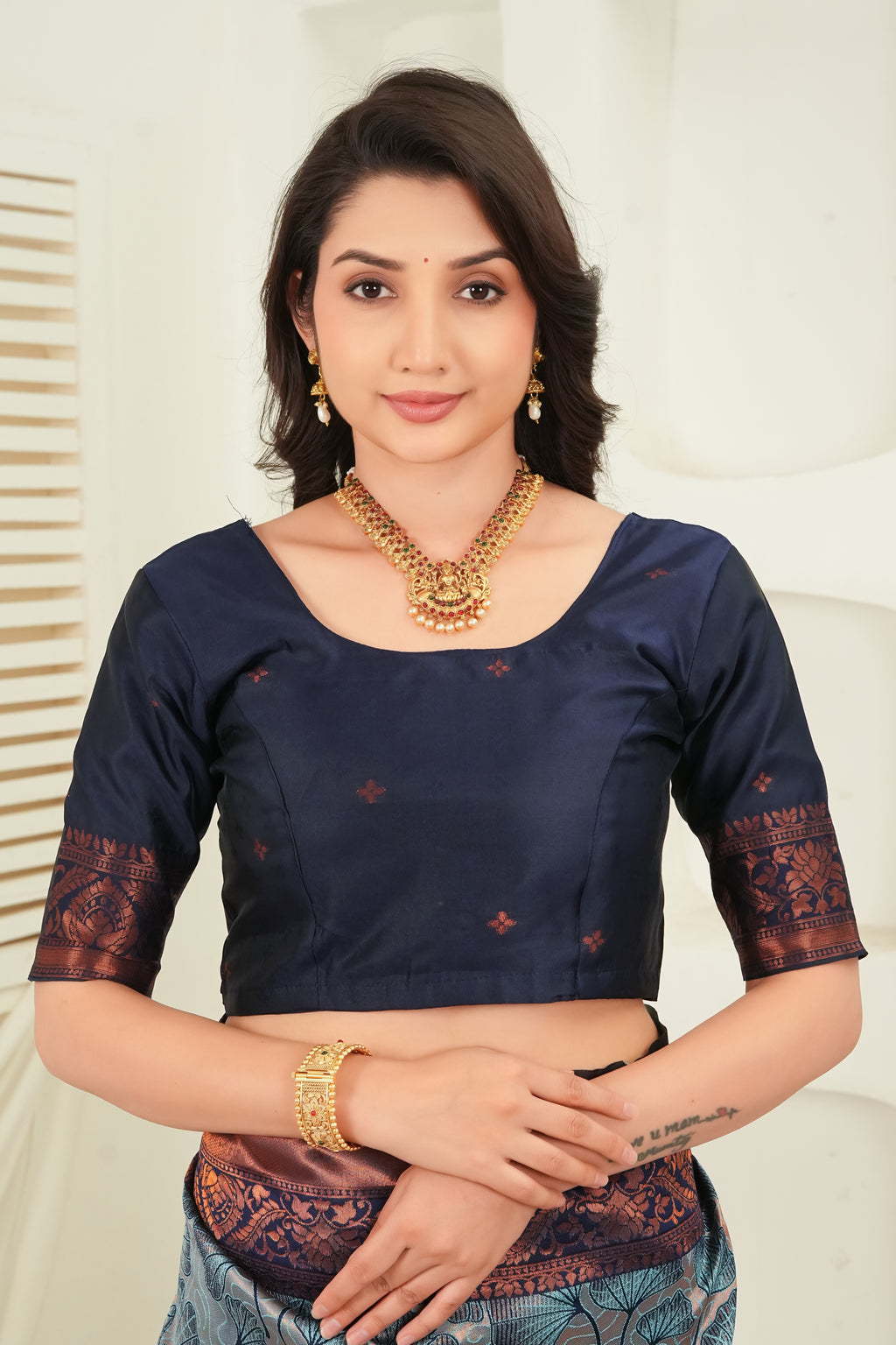 Luxury Steel Grey Jacquard Silk Saree with Copper Zari Border & Leaf Woven Pallu