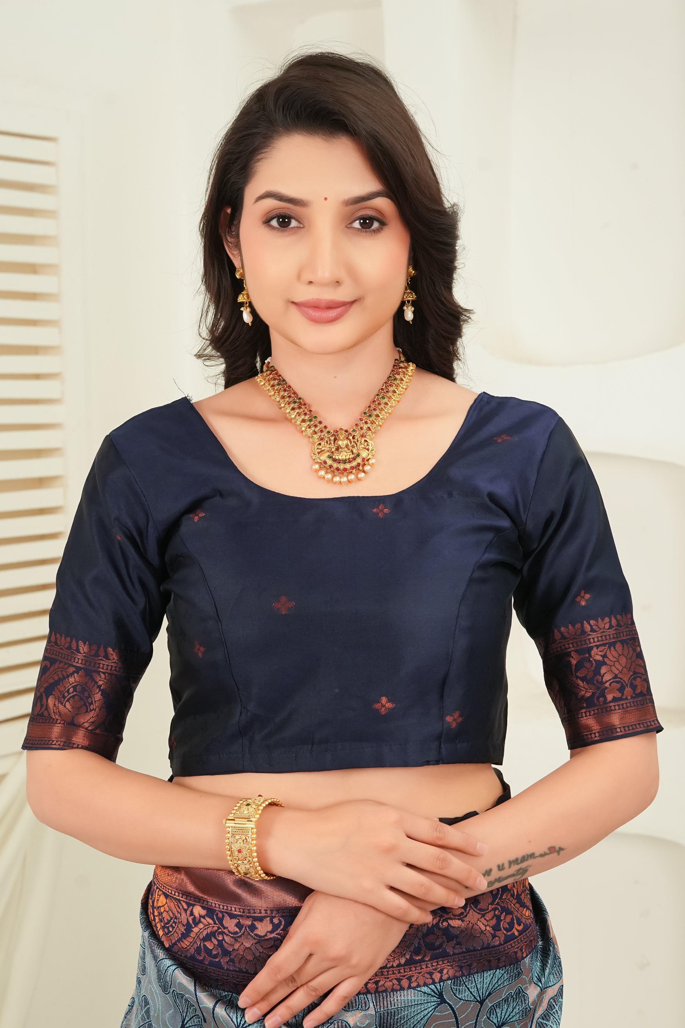 Luxury Steel Grey Jacquard Silk Saree with Copper Zari Border & Leaf Woven Pallu