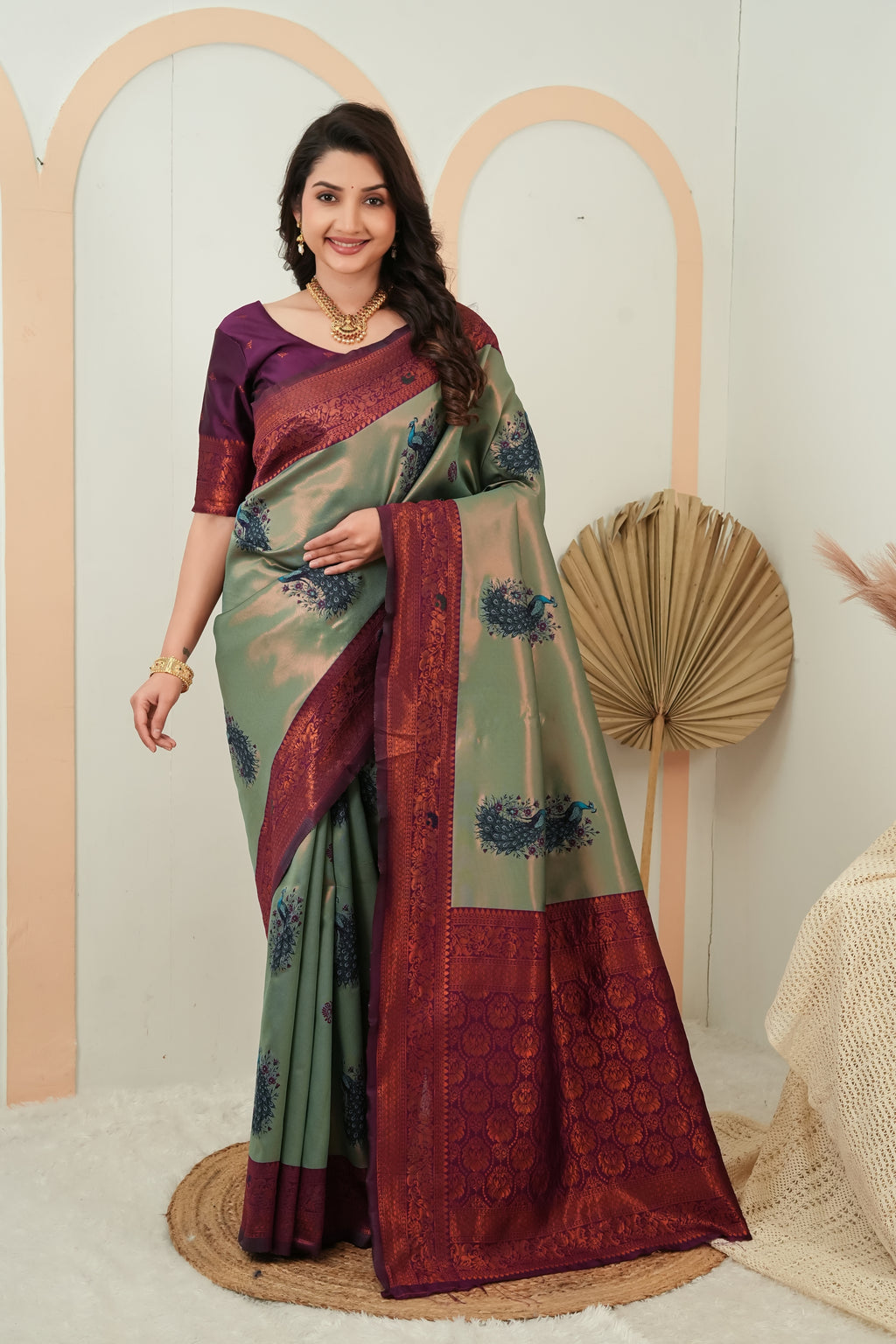 Luxury Sage Green Banarasi Silk Saree with Wine Jacquard Border | Designer Festive Saree