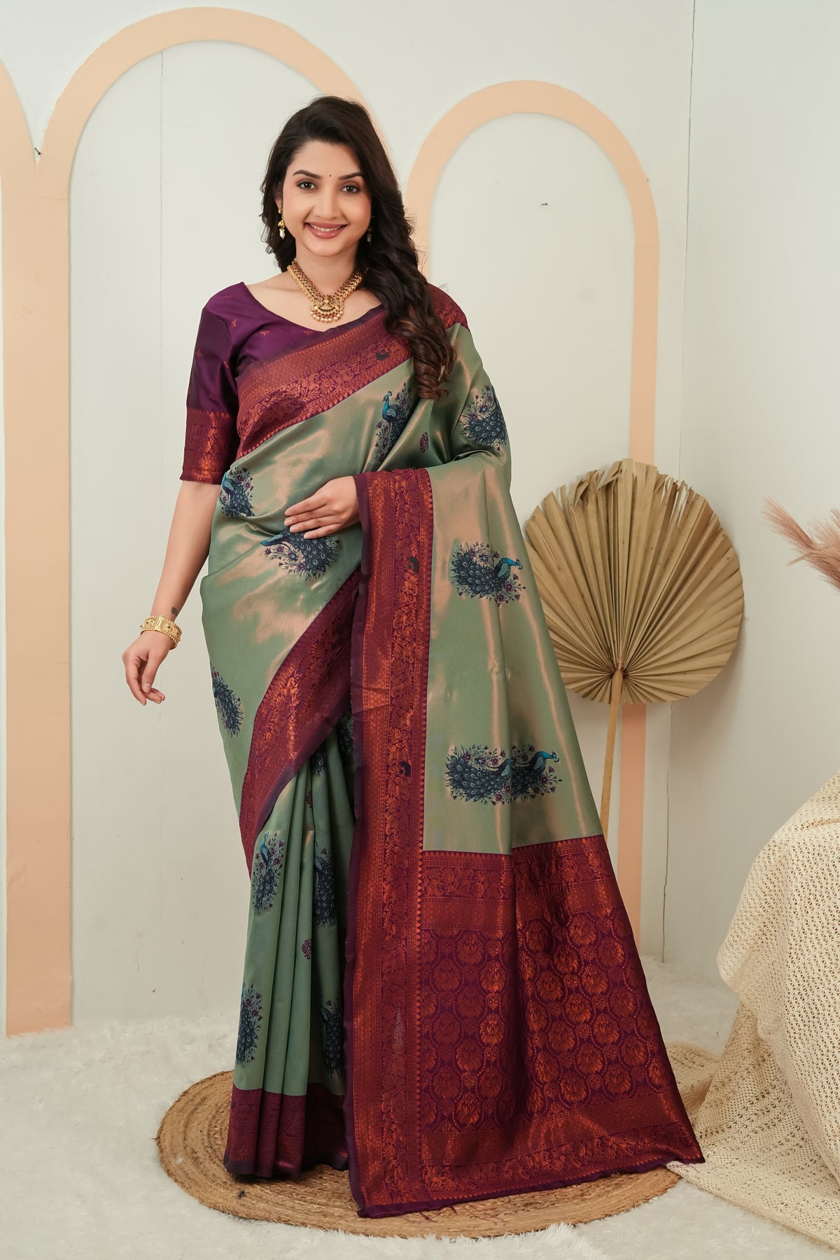 Luxury Sage Green Banarasi Silk Saree with Wine Jacquard Border | Designer Festive Saree