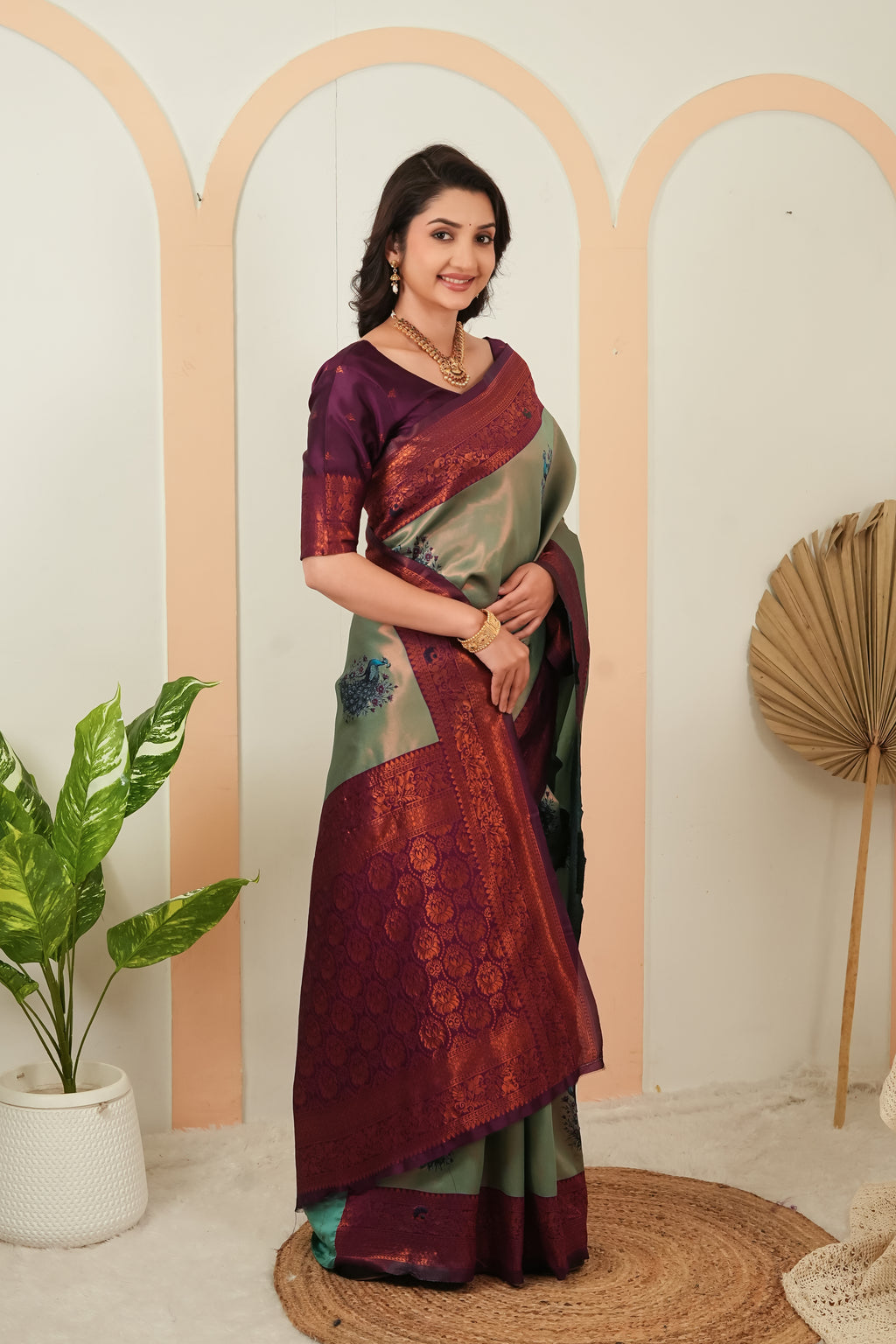 Luxury Sage Green Banarasi Silk Saree with Wine Jacquard Border | Designer Festive Saree
