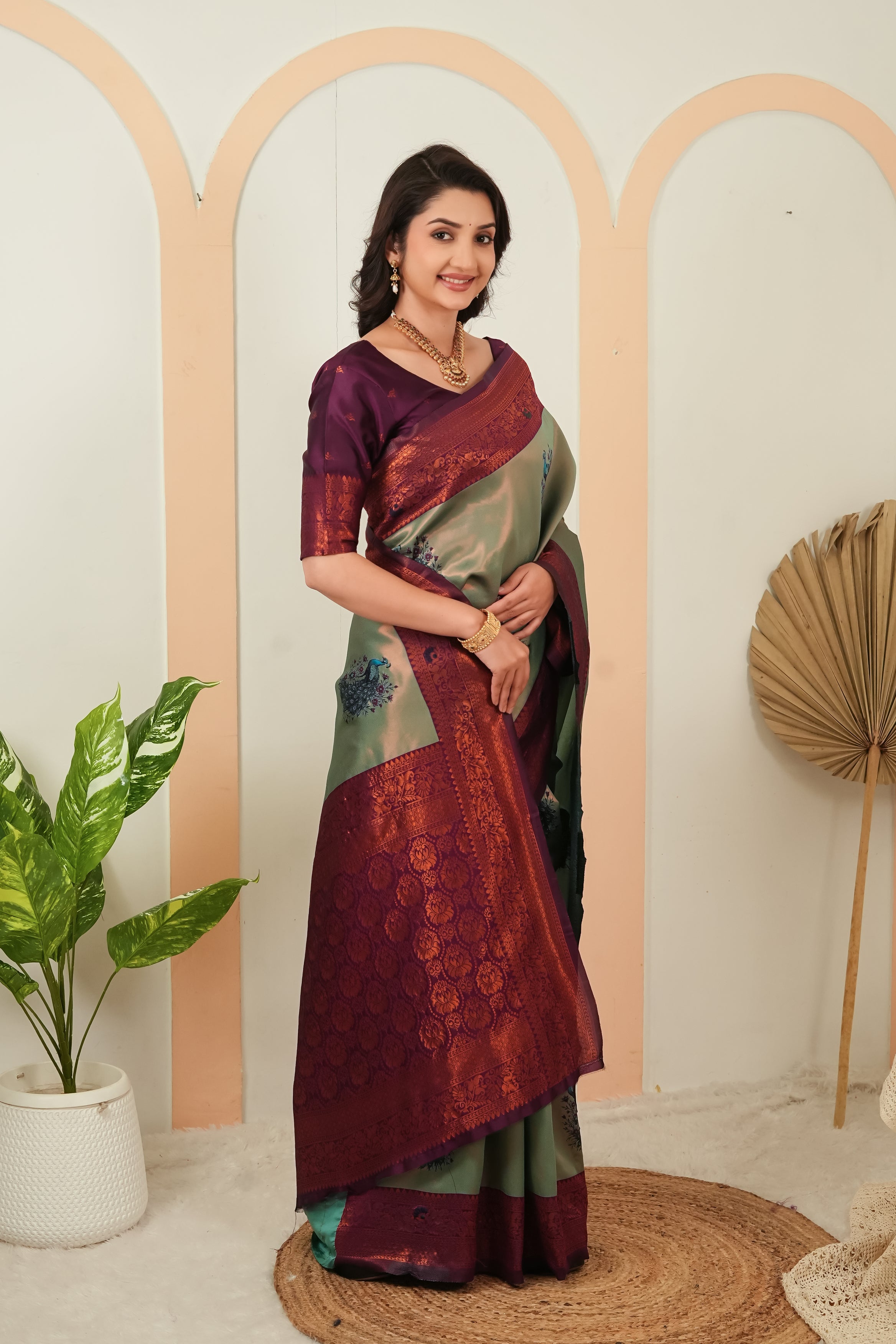 Luxury Sage Green Banarasi Silk Saree with Wine Jacquard Border | Designer Festive Saree