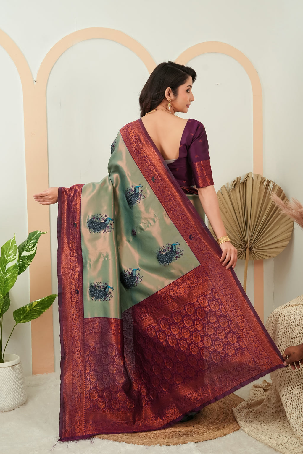 Luxury Sage Green Banarasi Silk Saree with Wine Jacquard Border | Designer Festive Saree