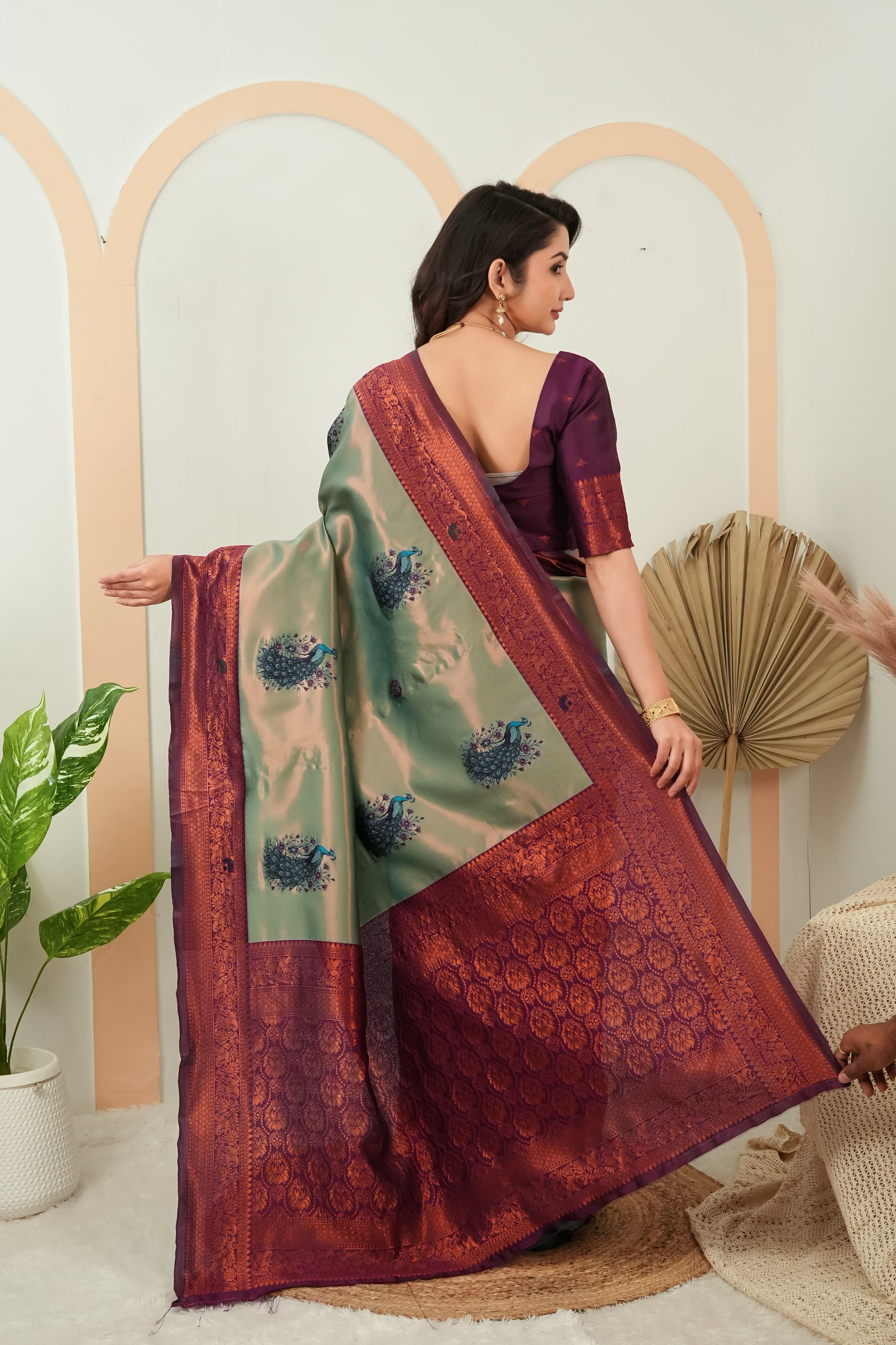 Luxury Sage Green Banarasi Silk Saree with Wine Jacquard Border | Designer Festive Saree