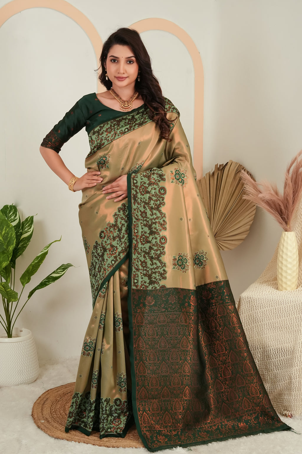 Royal Olive Banarasi Silk Saree with Rich Green Zari Pallu