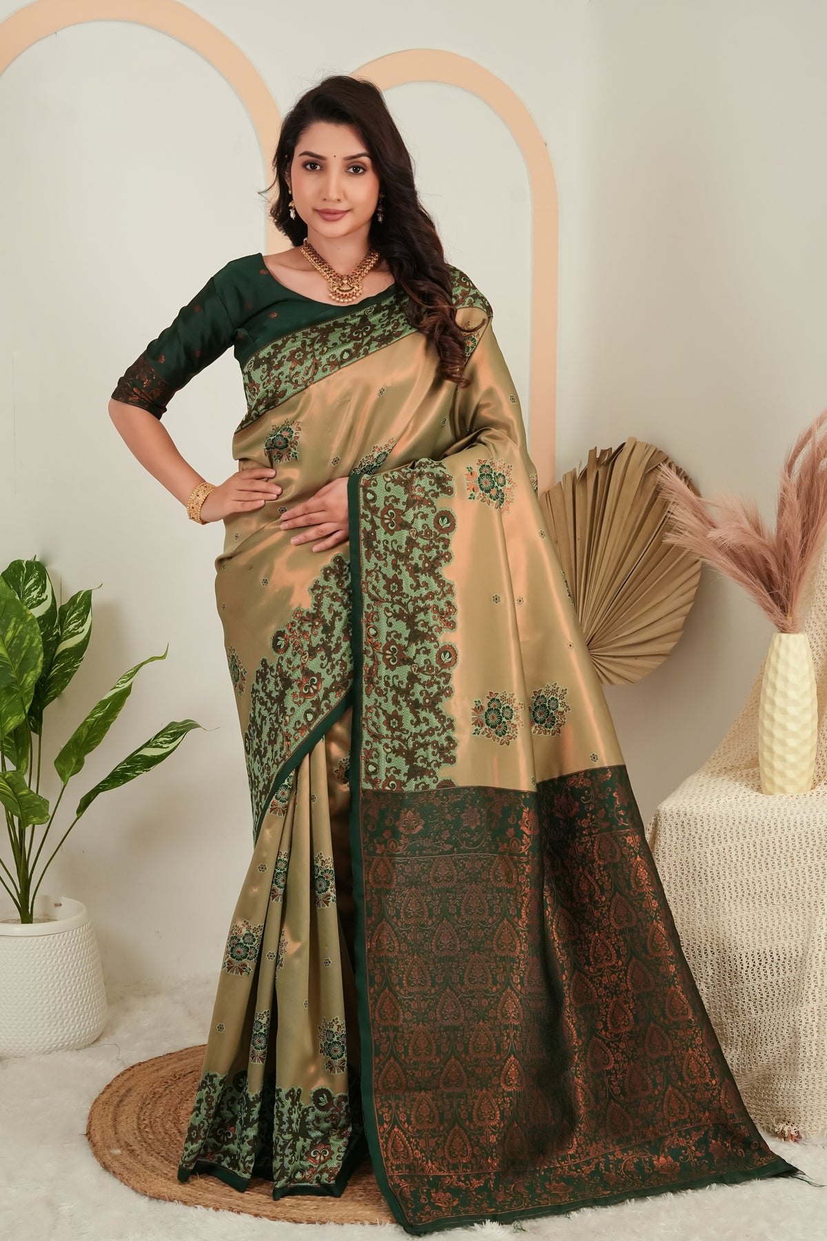 Royal Olive Banarasi Silk Saree with Rich Green Zari Pallu