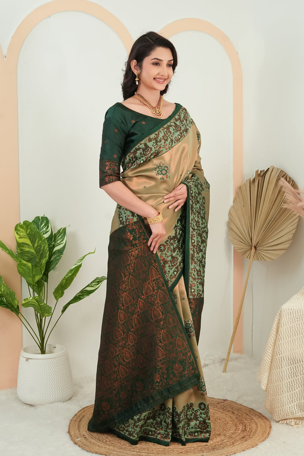 Royal Olive Banarasi Silk Saree with Rich Green Zari Pallu