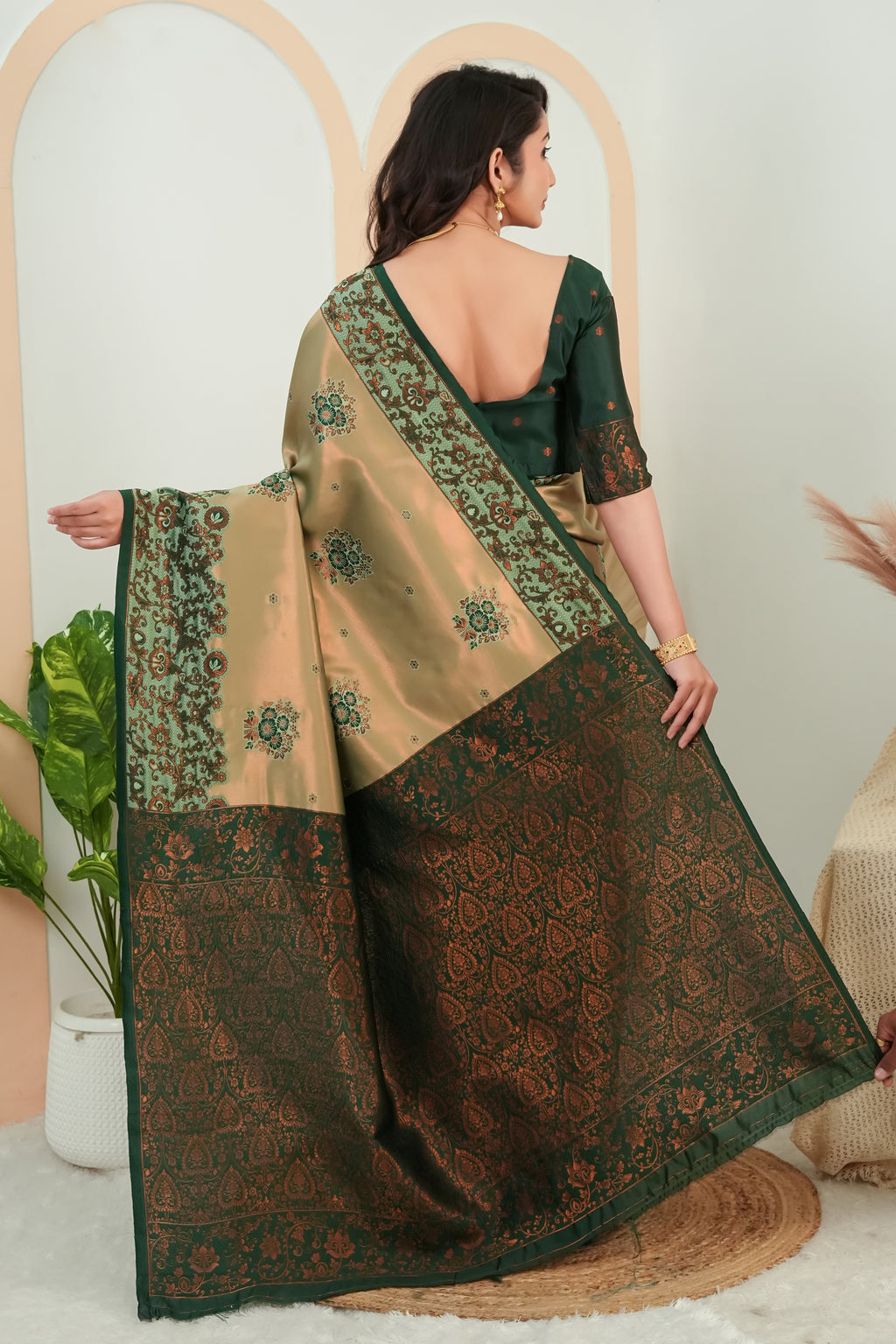 Royal Olive Banarasi Silk Saree with Rich Green Zari Pallu