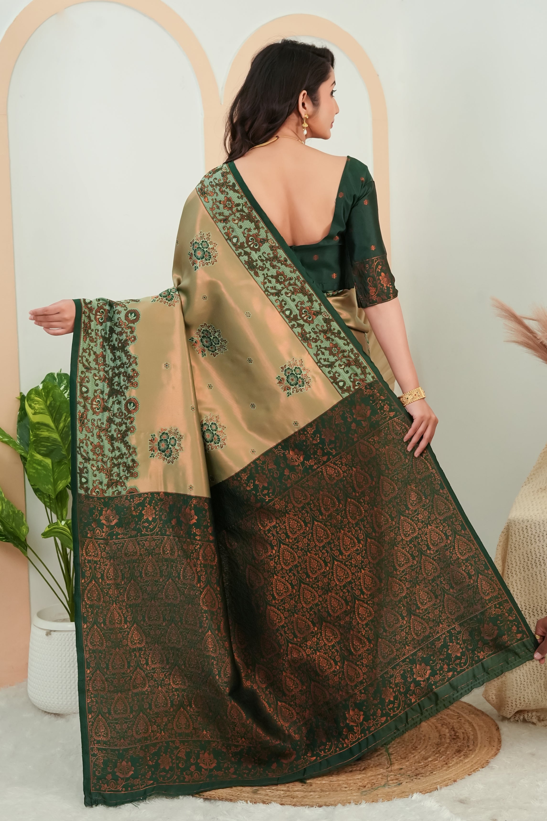 Royal Olive Banarasi Silk Saree with Rich Green Zari Pallu