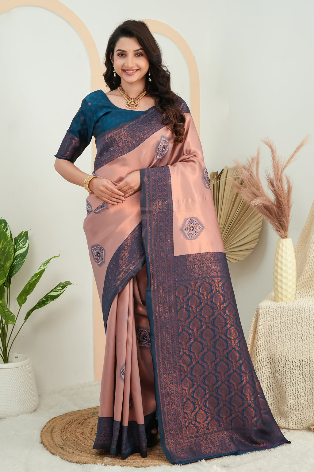 Premium Dusty Rose Jacquard Silk Saree with Navy Blue Zari Woven Pallu