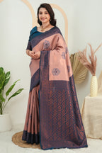 Premium Dusty Rose Jacquard Silk Saree with Navy Blue Zari Woven Pallu