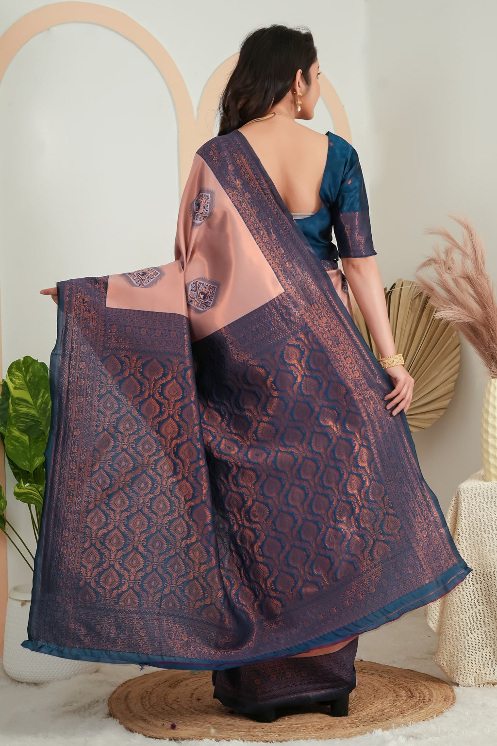 Premium Dusty Rose Jacquard Silk Saree with Navy Blue Zari Woven Pallu