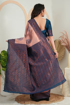 Premium Dusty Rose Jacquard Silk Saree with Navy Blue Zari Woven Pallu
