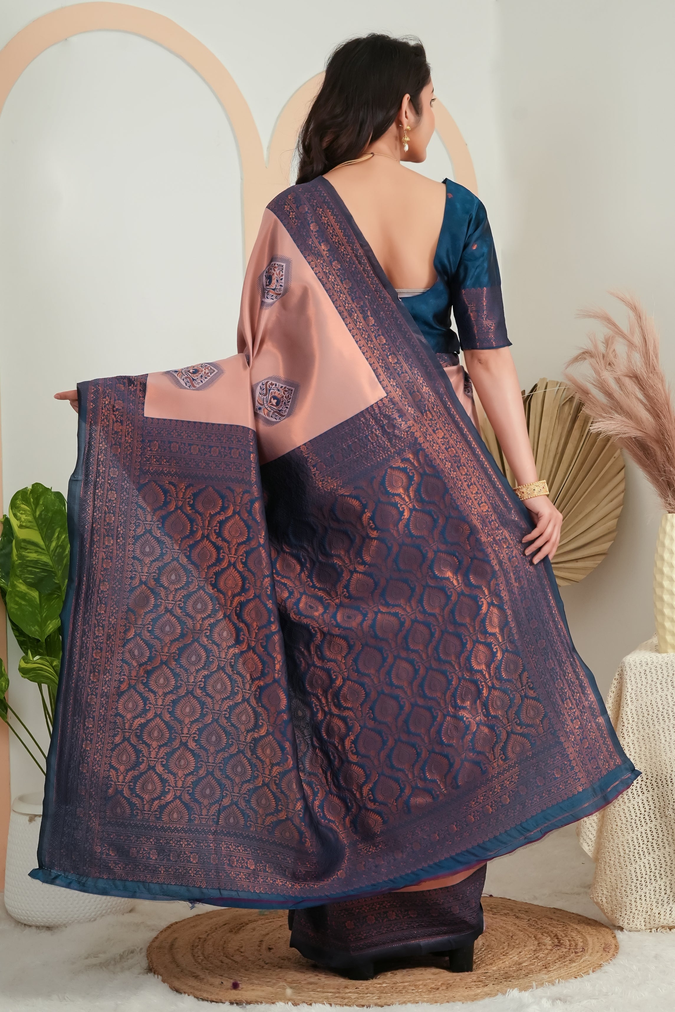 Premium Dusty Rose Jacquard Silk Saree with Navy Blue Zari Woven Pallu
