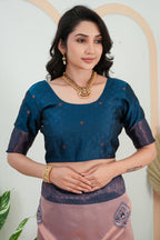 Premium Dusty Rose Jacquard Silk Saree with Navy Blue Zari Woven Pallu